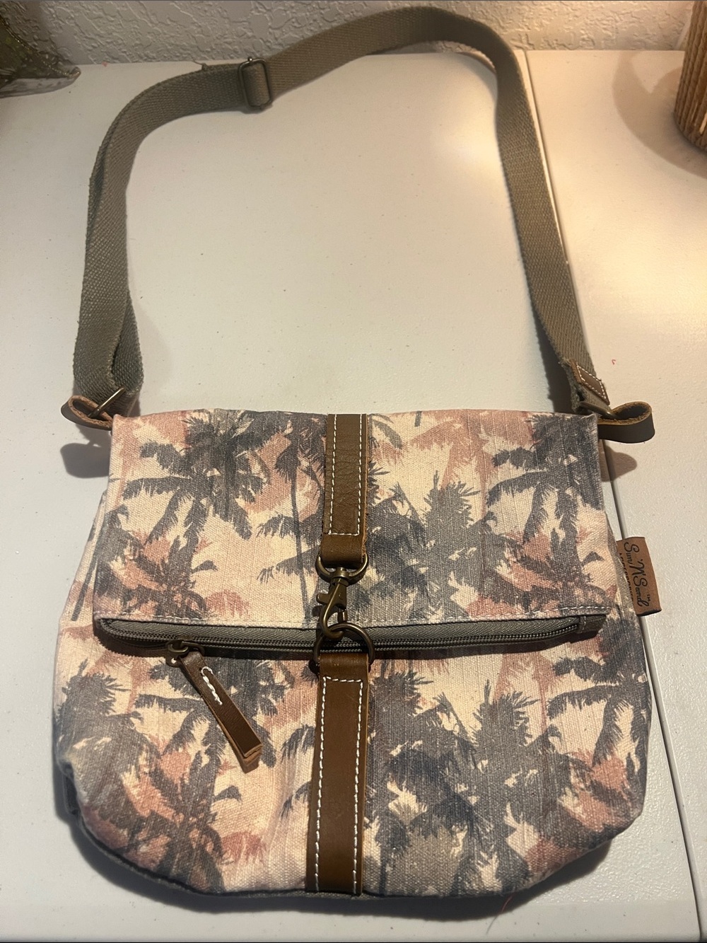 Canvas Palm Tree Crossbody Bag in Beige and Taupe